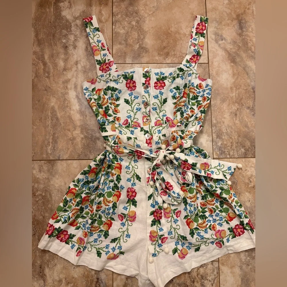 NWOT FARM Rio Tropical Romance Floral-Print Linen-Blend Romper Women’s Medium - Picture 6 of 16